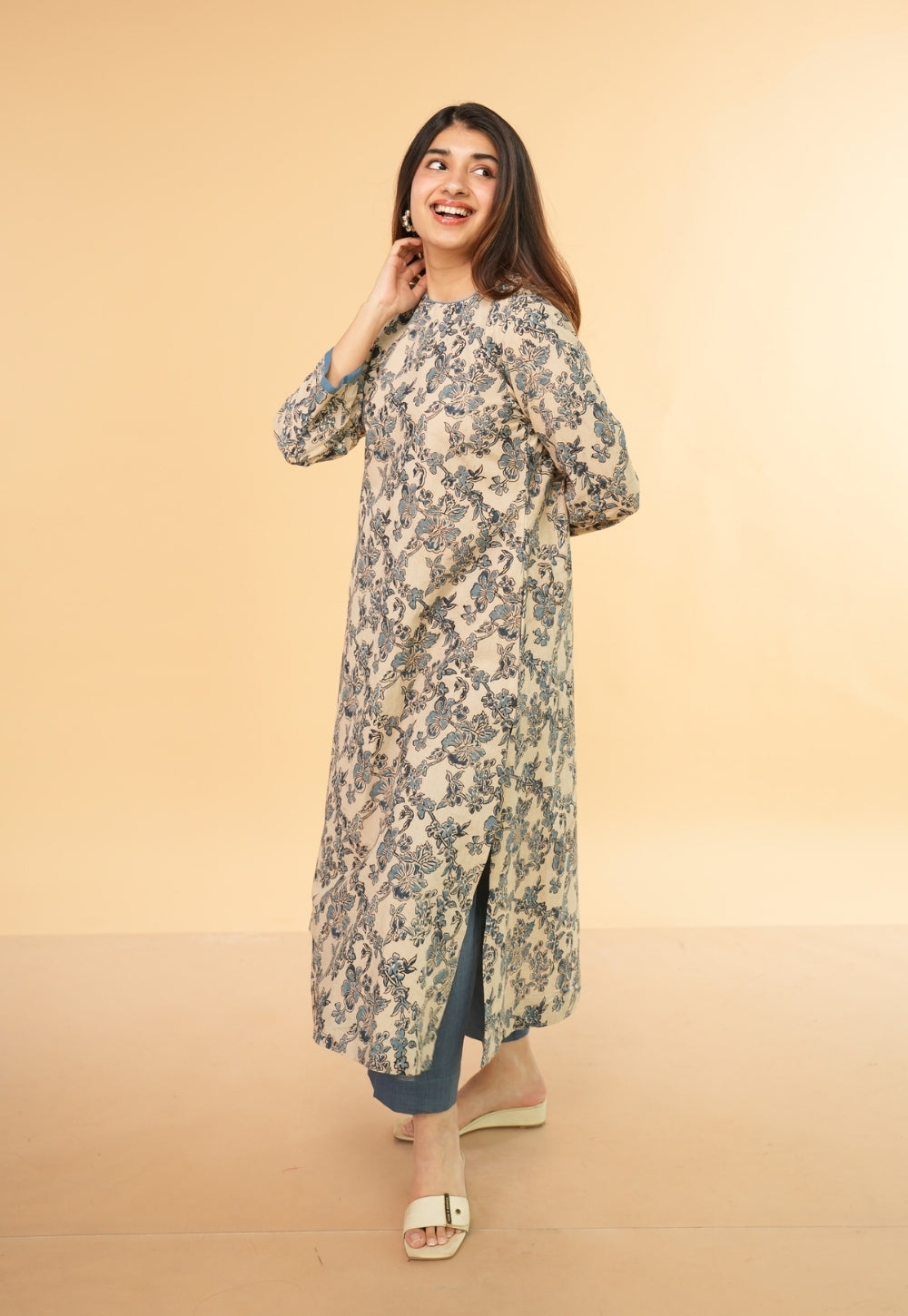 Tahira White Kalamkari Cotton A Line Kurta