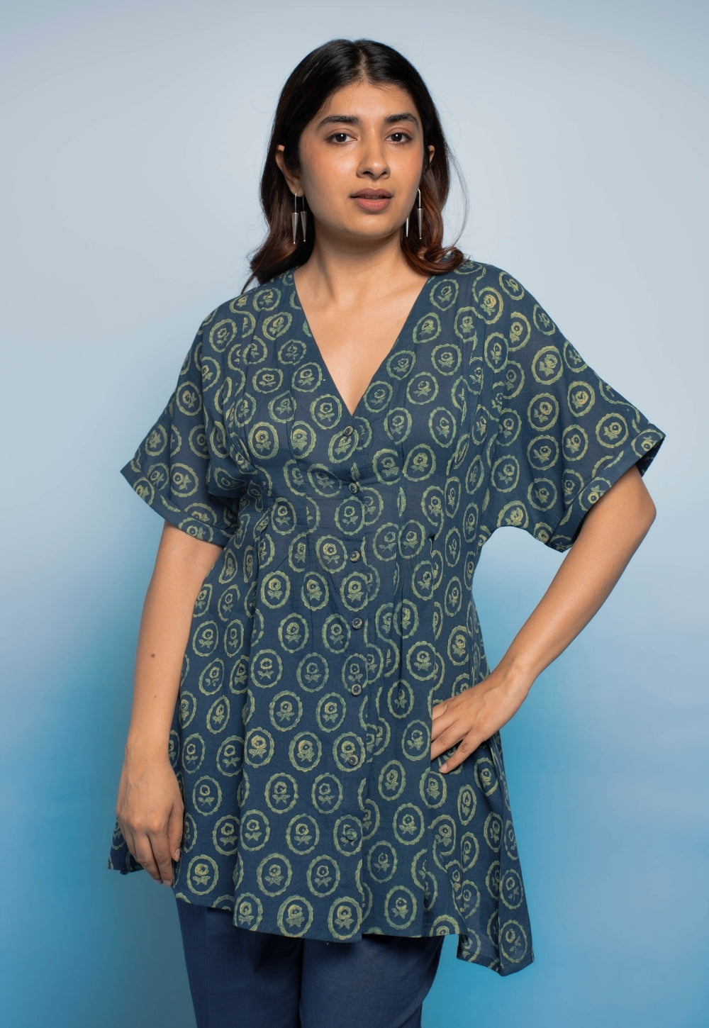 Stuti Teal Blue Dabu Mul Cotton A Line Short Top