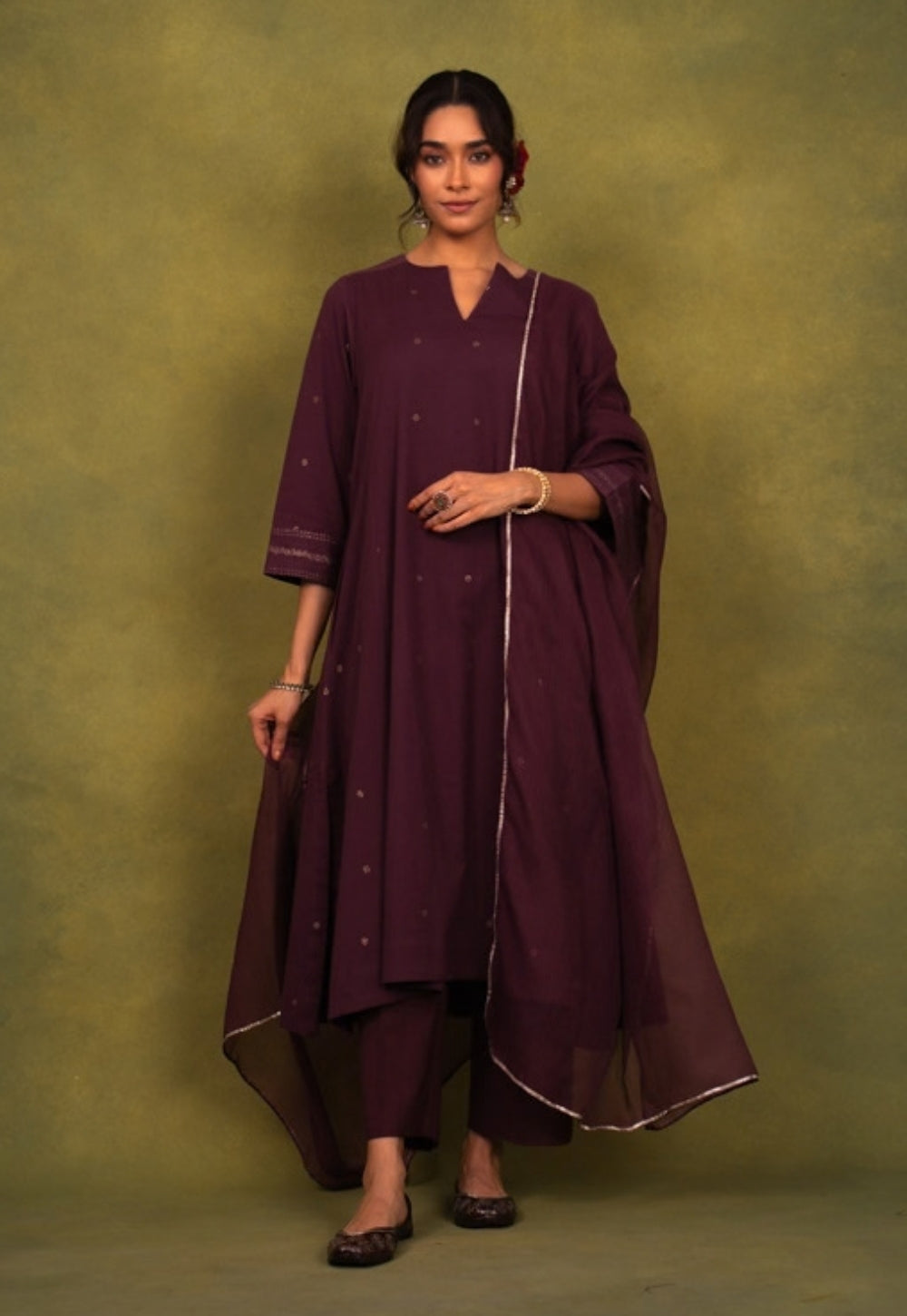 Malika Wine Rogan Handblock Printed Cotton Kali Kurta Suit Set (Set of 3)