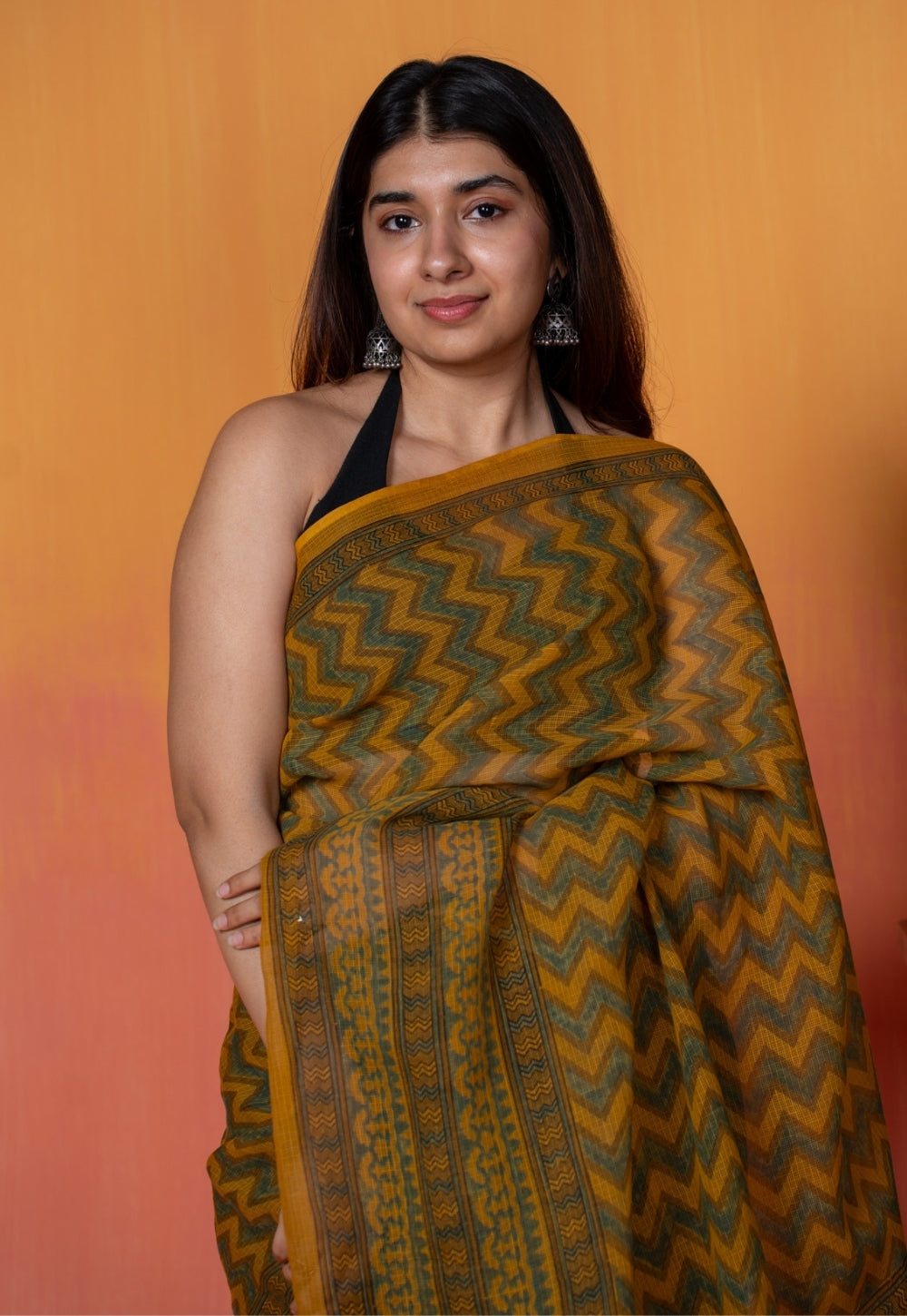Yellow Zigzag Ajrakh Hand Block Print Kota Doria Cotton Saree