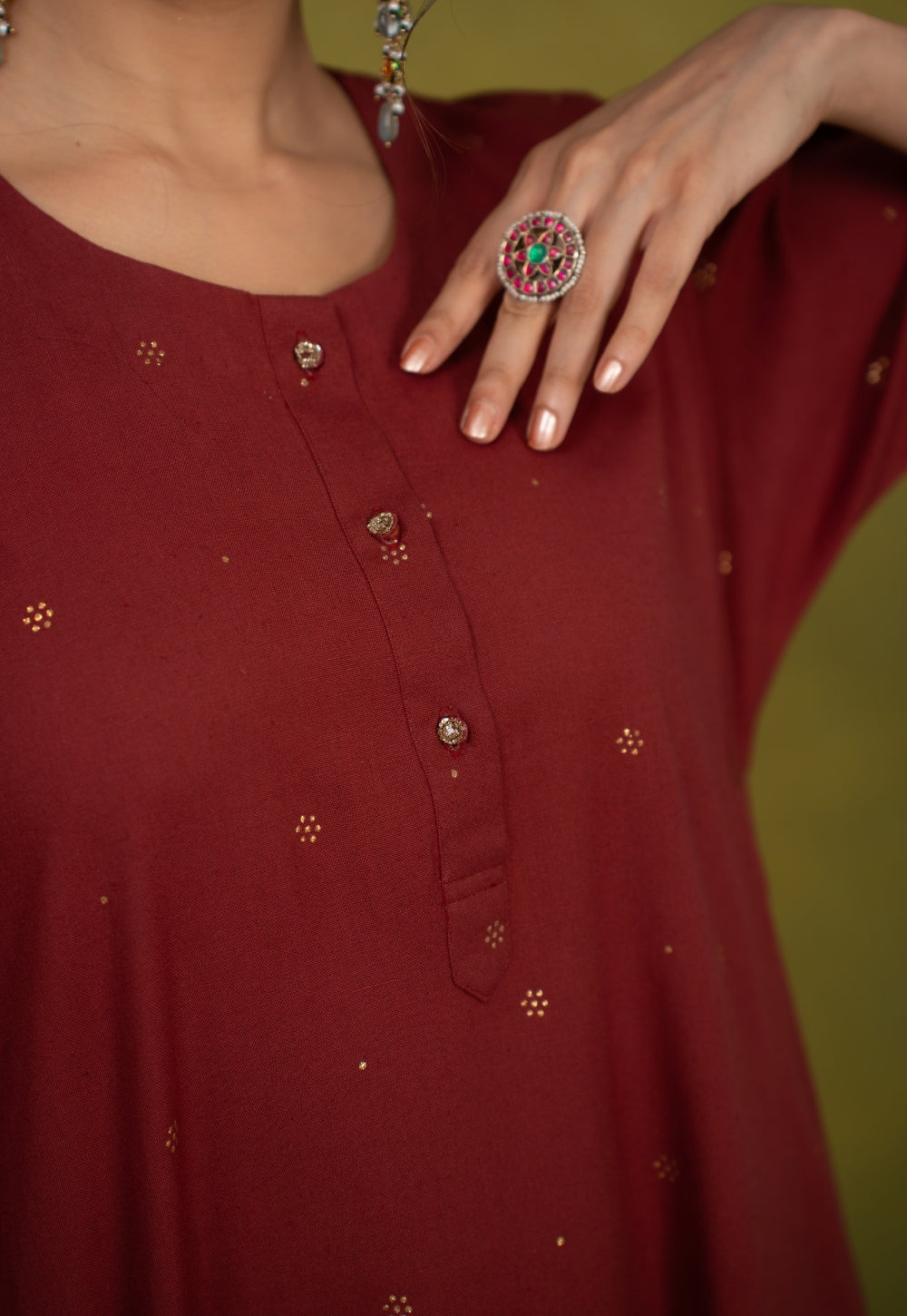Alizah Maroon Rogan Handblock Printed Cotton Jhabbha Kali Suit Set (Set of 3)