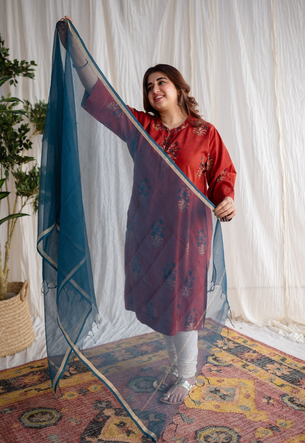 Teal Green Kota Doria Cotton Dupatta
