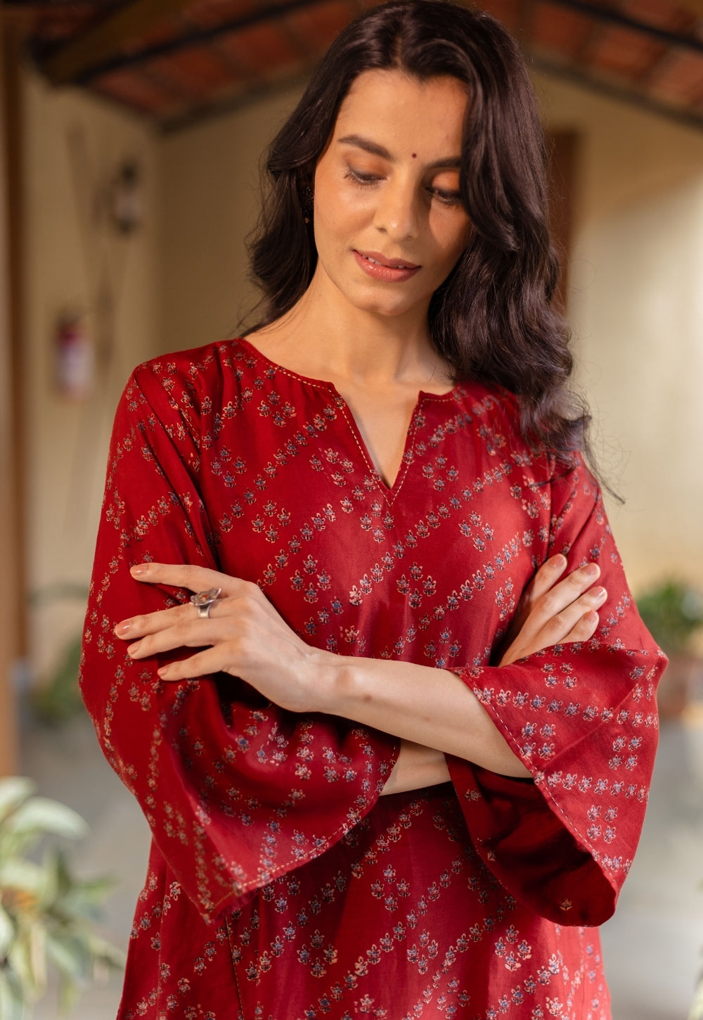 Ayra Madder Ajrakh Chanderi Silk Jhabbha Kali Kurta with Hand Embroidery