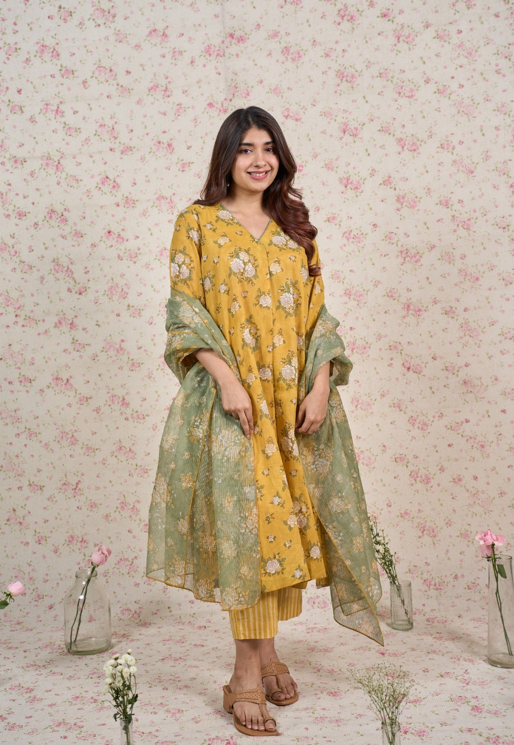 Rozin Green Sanganeri Kota Doria Cotton Dupatta