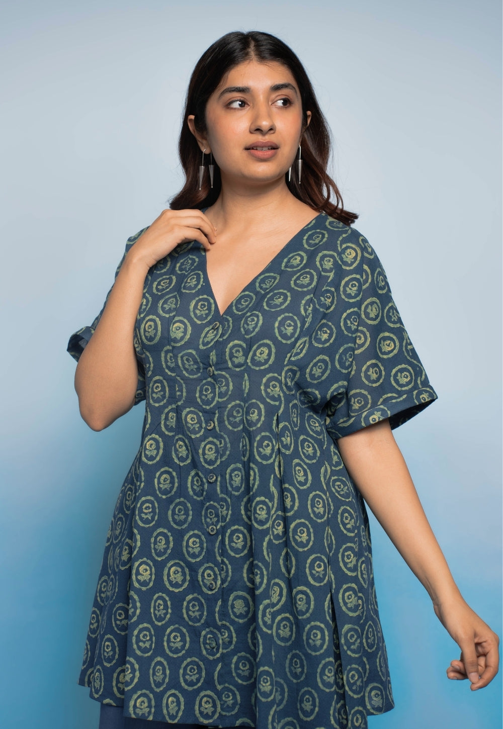 Stuti Teal Blue Dabu Mul Cotton A Line Short Top