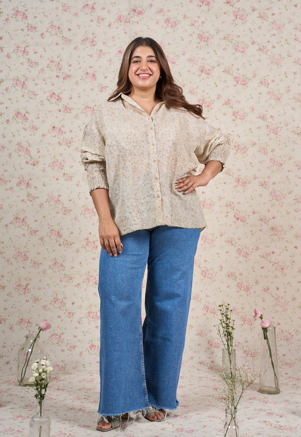 Mia Grey Sanganeri Mul Cotton Straight Short Top with Embroidery