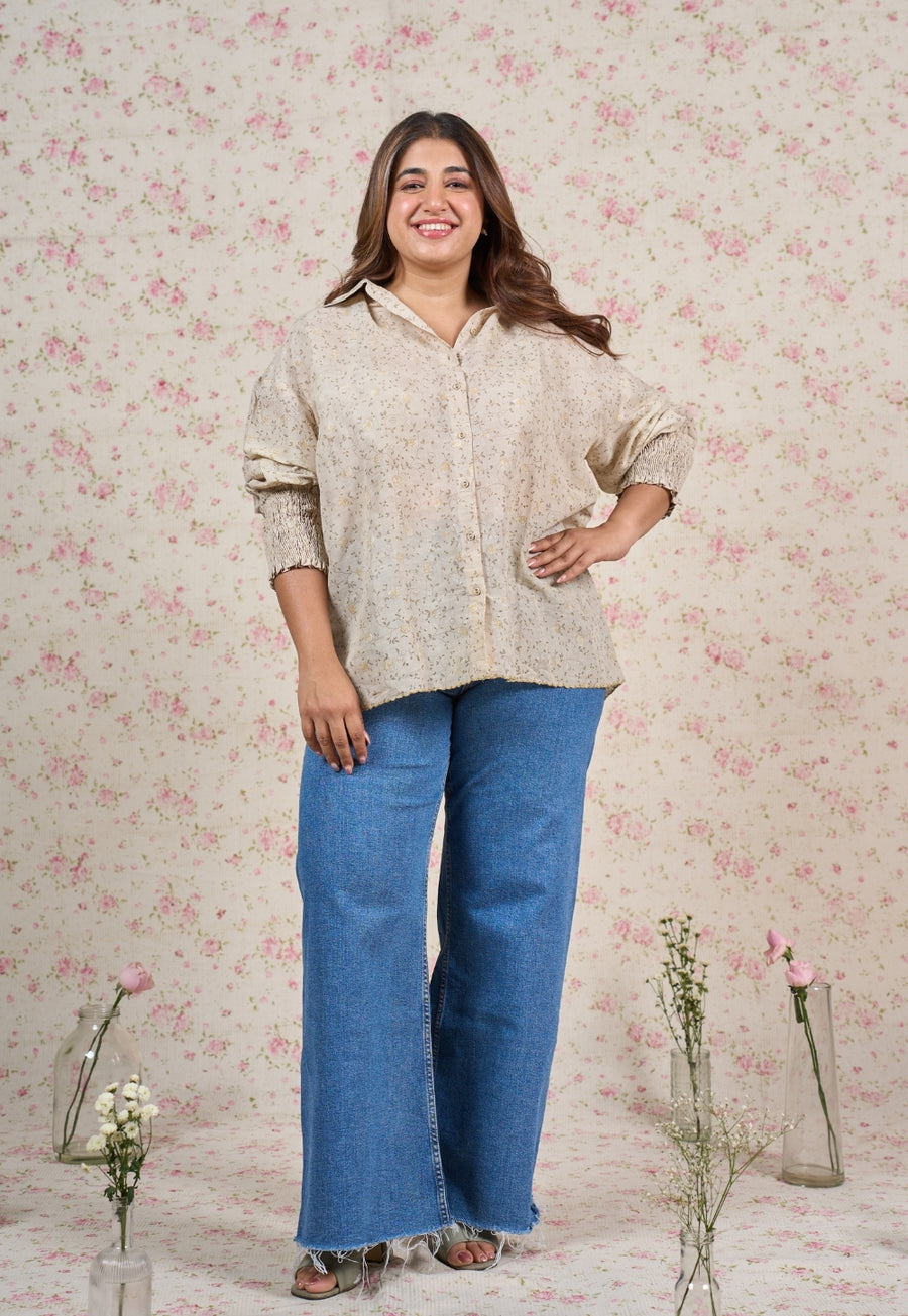 Mia Grey Sanganeri Mul Cotton Straight Shirt with Embroidery