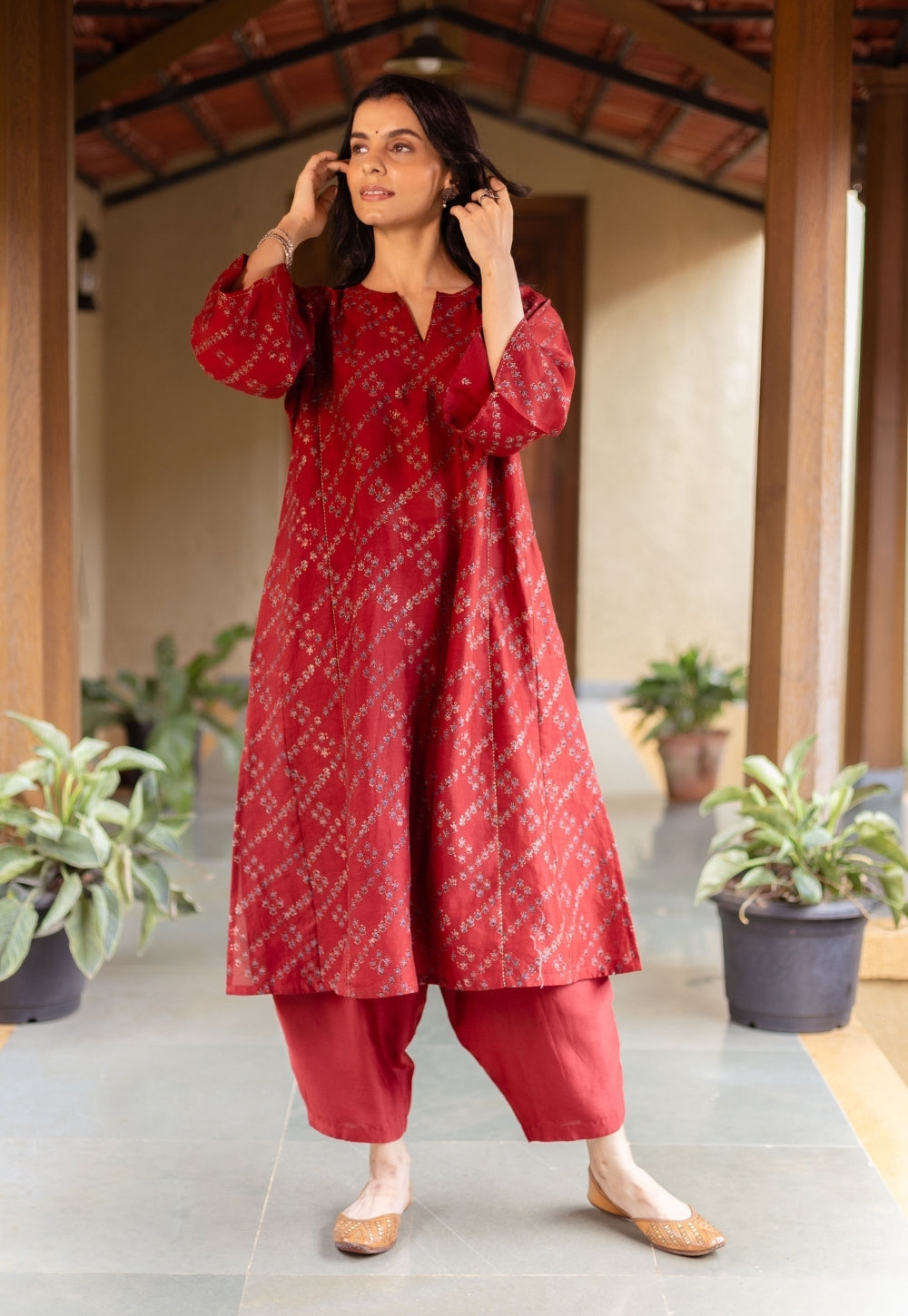 Ayra Madder Ajrakh Chanderi Silk Jhabbha Kali Kurta with Hand Embroidery