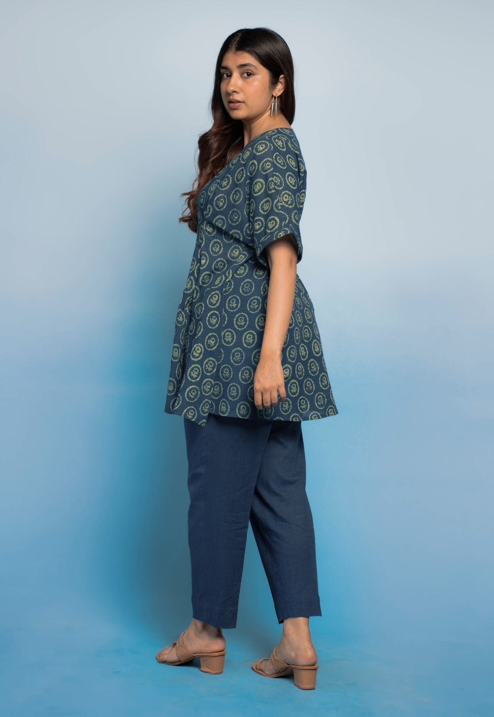 Stuti Teal Blue Dabu Mul Cotton A Line Short Top