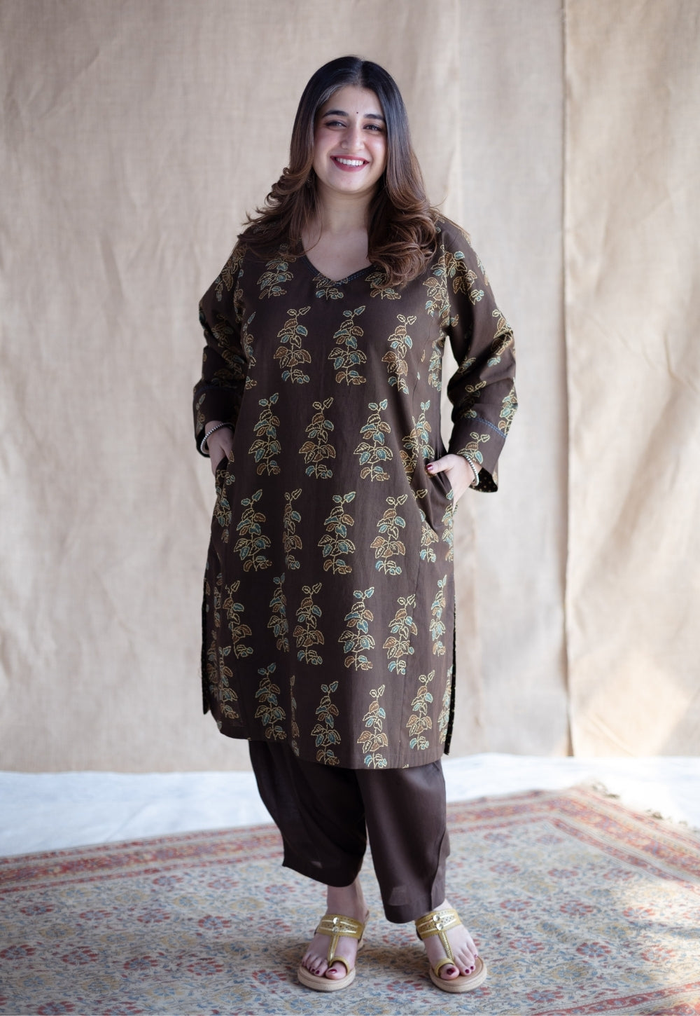 Saisha Brown Ajrakh Cotton Jhabbha Kali Kurta Set (Set of 2)