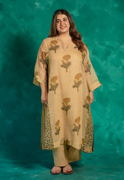 Nyra Beige Bagru Kota Doria Cotton Jhabbha Kali Kurta with Slip