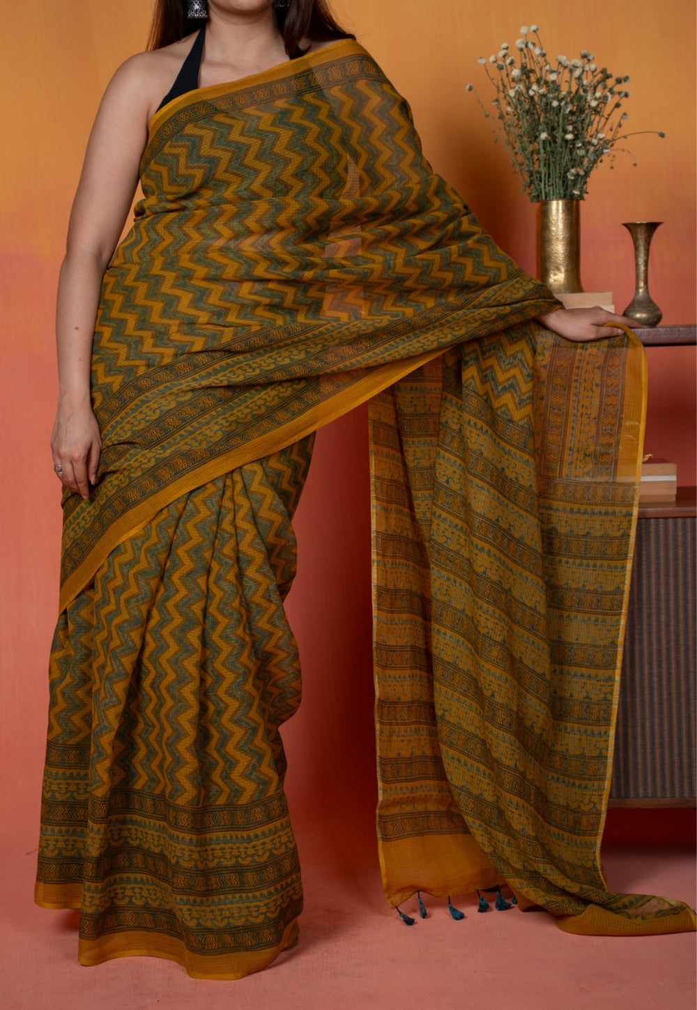 Yellow Zigzag Ajrakh Hand Block Print Kota Doria Cotton Saree