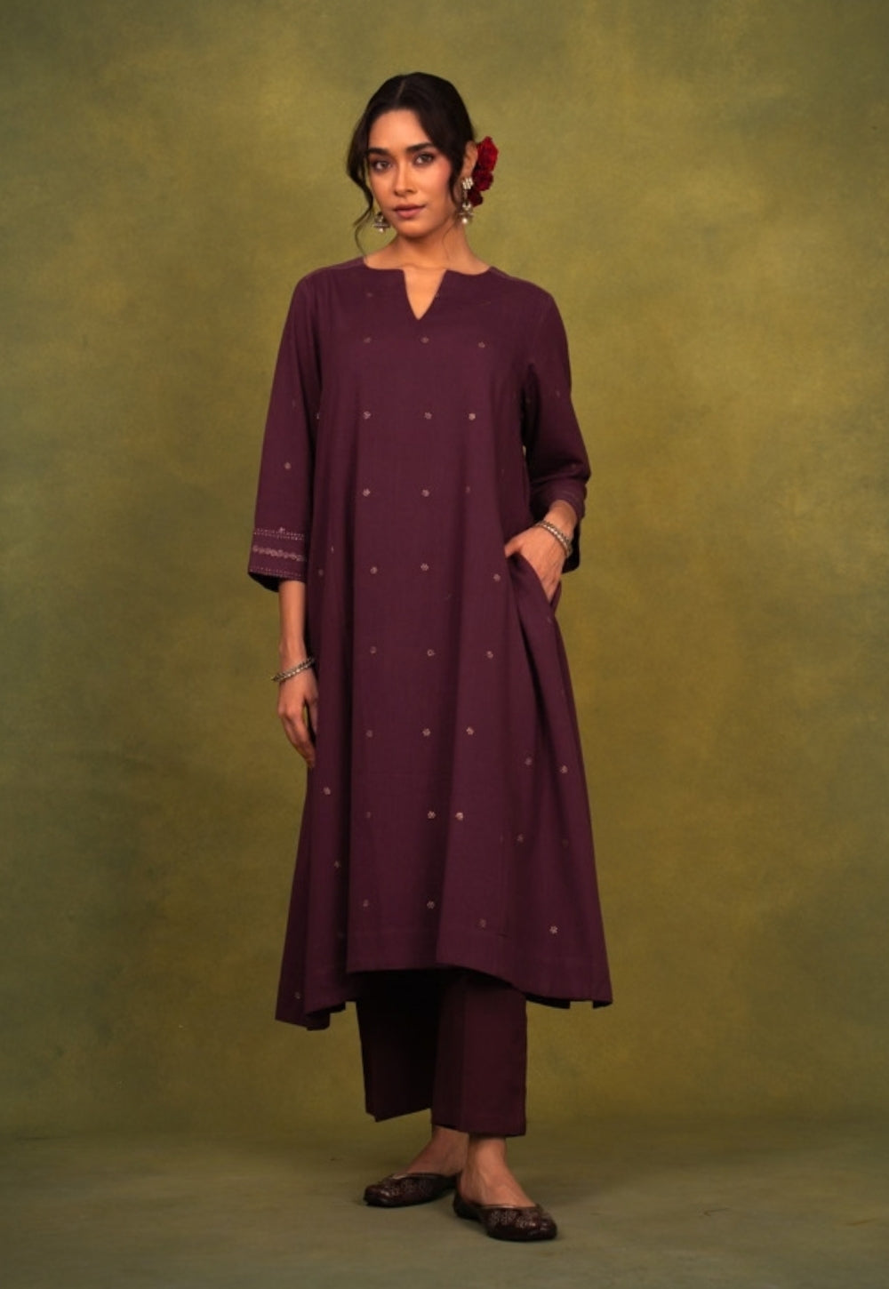 Malika Wine Rogan Handblock Printed Cotton Kali Kurta Suit Set (Set of 3)