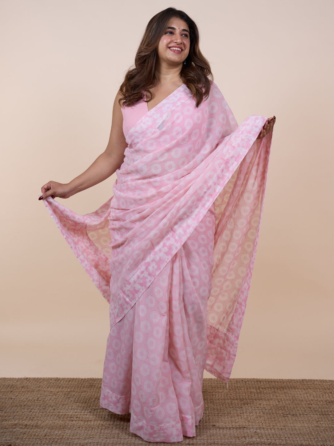 Bushra Pink Batik Hand Block Print Mul Cotton Saree with Embroidery