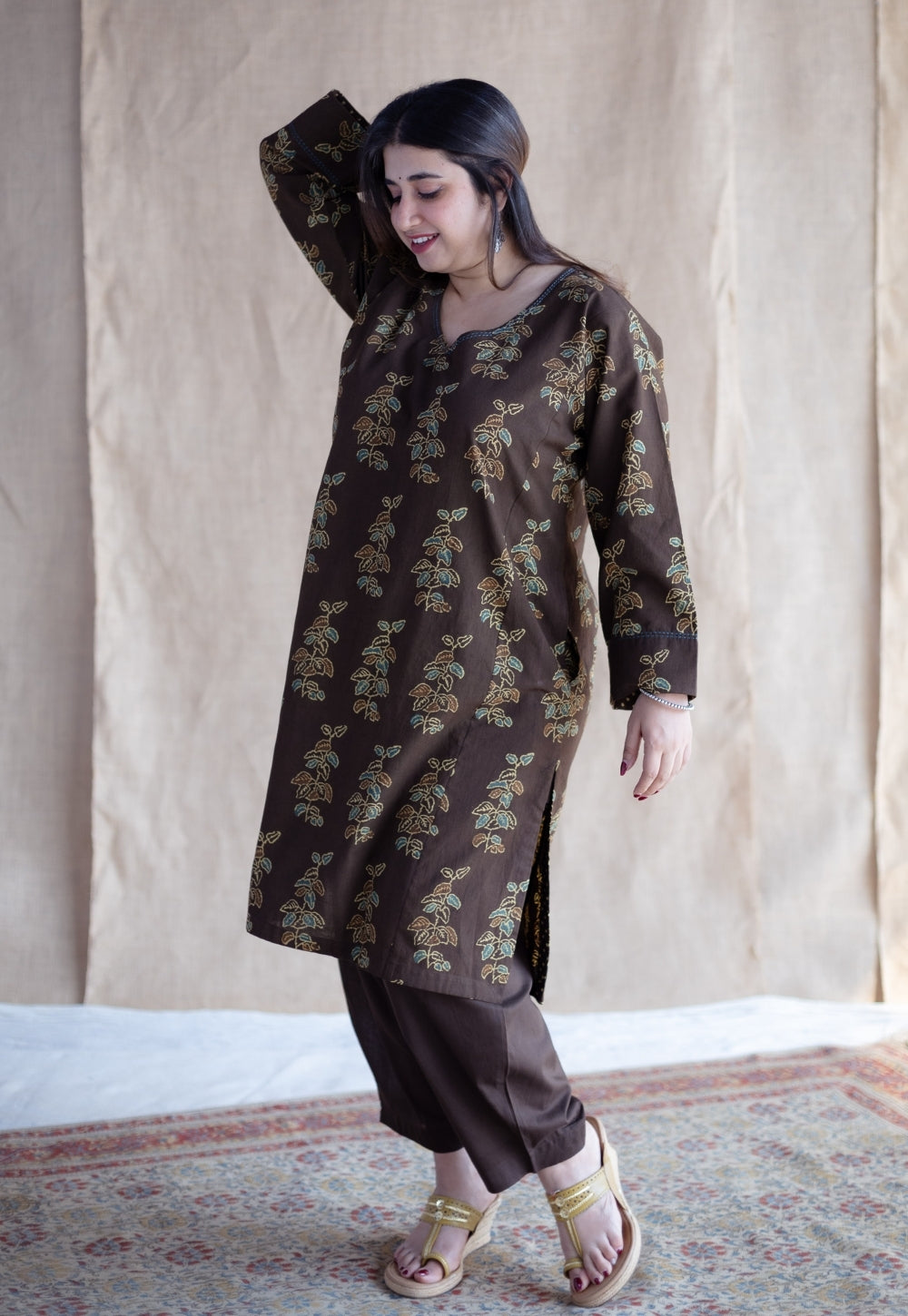 Saisha Brown Ajrakh Cotton Jhabbha Kali Kurta Set (Set of 2)