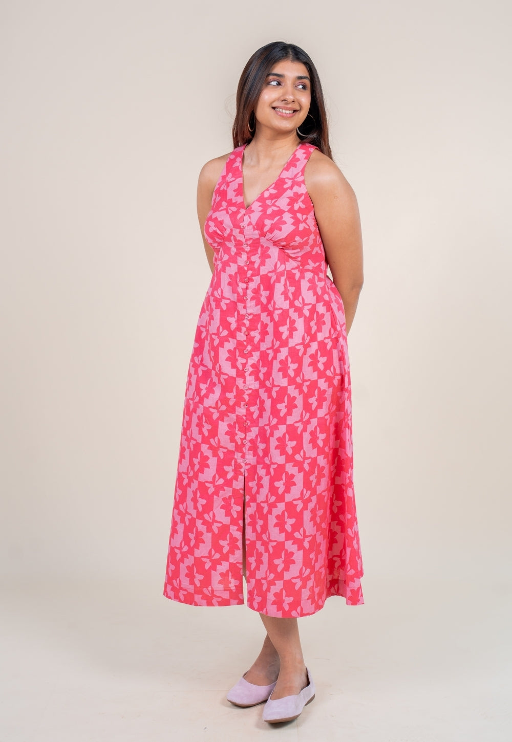 Riva Bright Pink Printed Cotton A Line Dress