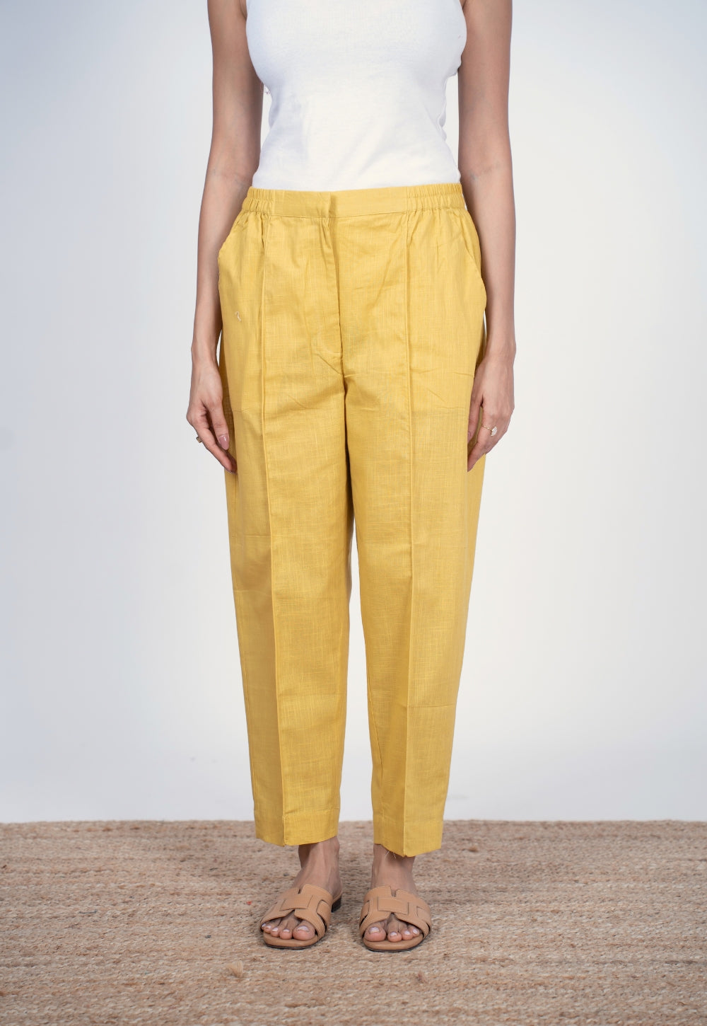 Myra Yellow Solid Slub Cotton Narrow Pant