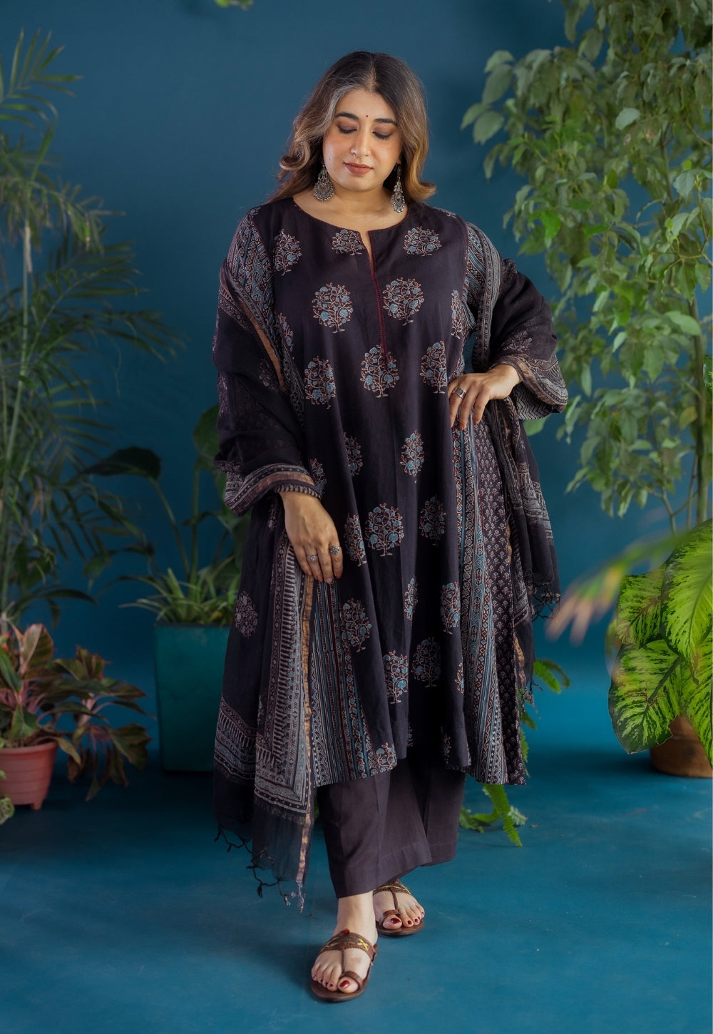 Garima Black Ajrakh Cotton Jhabbha Kali Kurta with Hand Embroidery