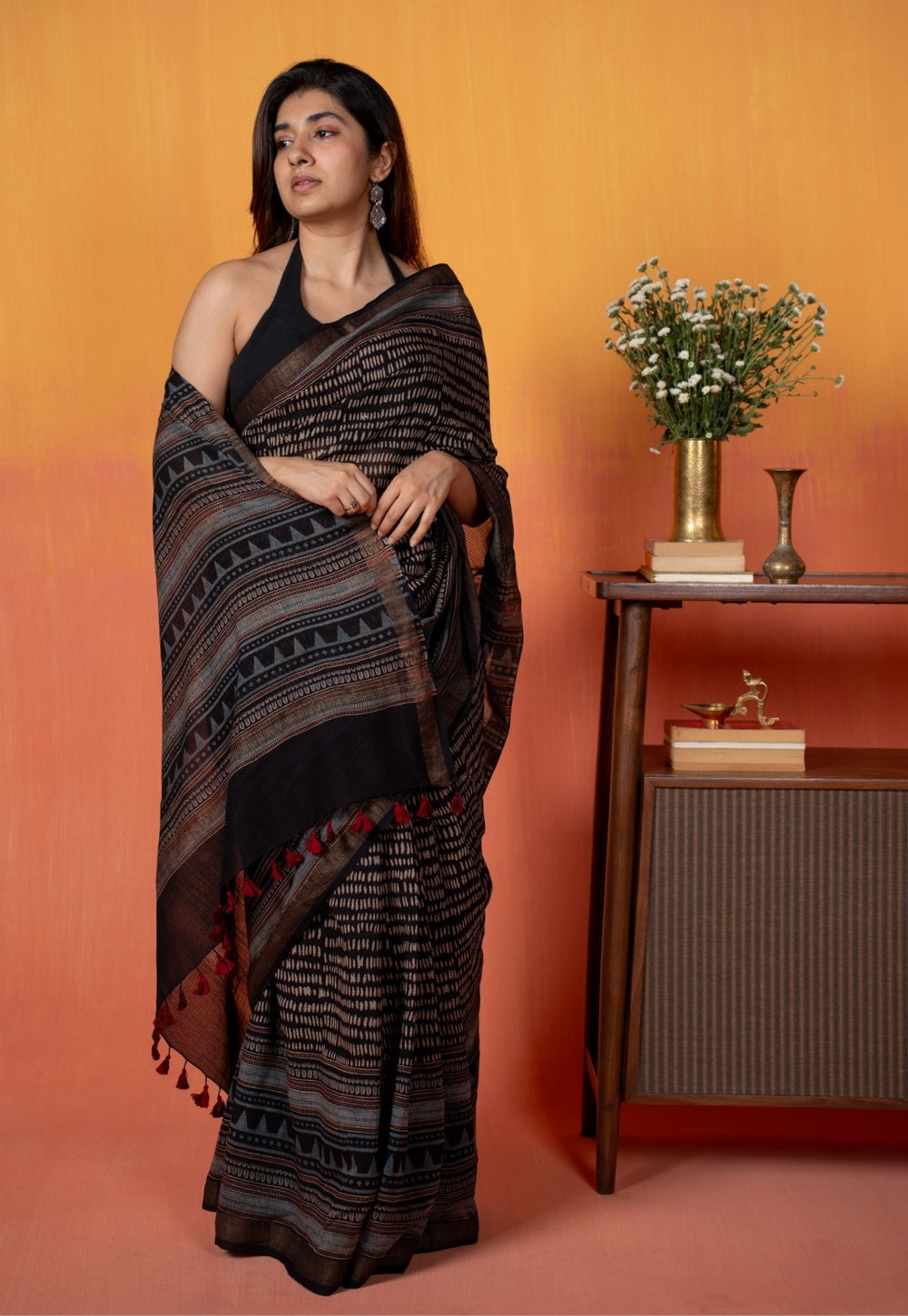Black Objects Ajrakh Hand Block Print Maheshwari Saree