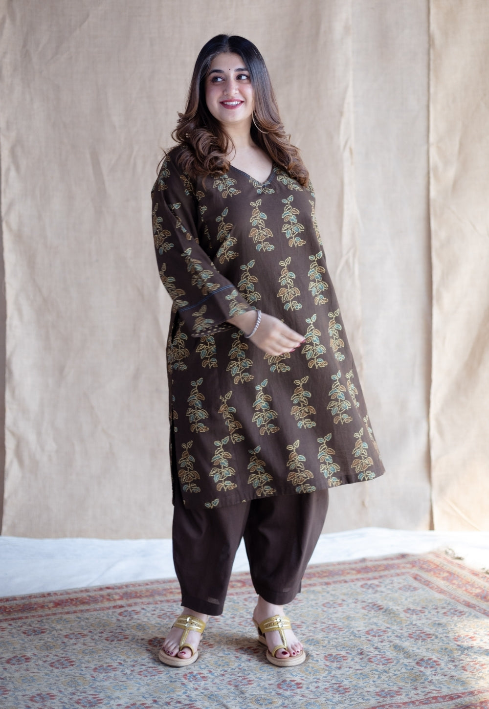 Saisha Brown Ajrakh Cotton Jhabbha Kali Kurta Set (Set of 2)