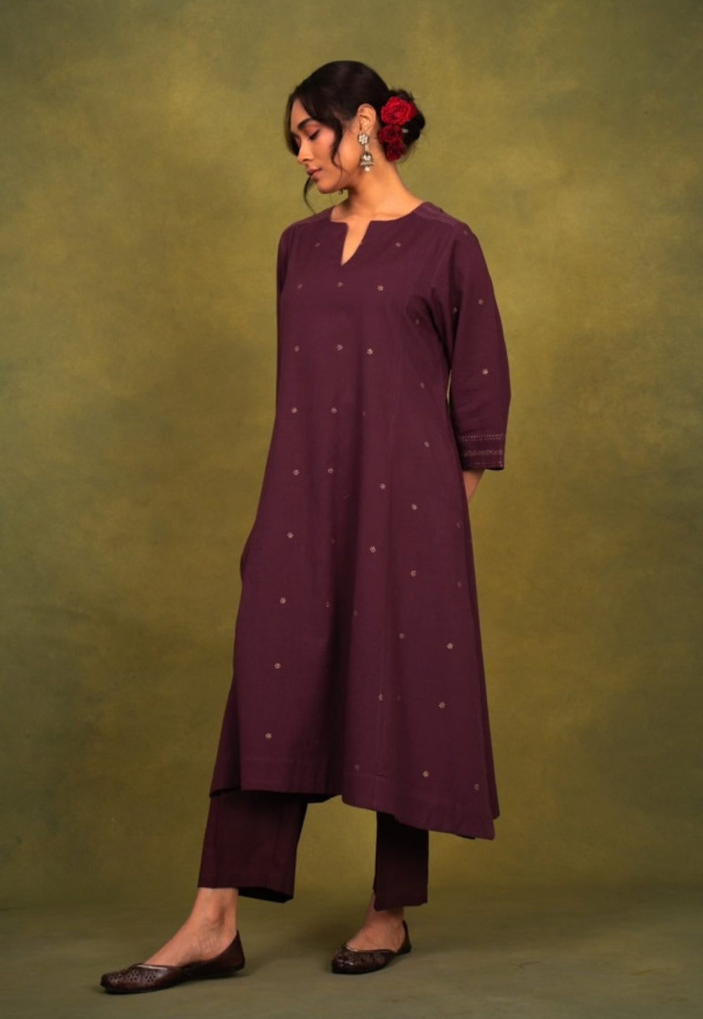 Malika Wine Rogan Handblock Printed Cotton Kali Kurta Suit Set (Set of 3)