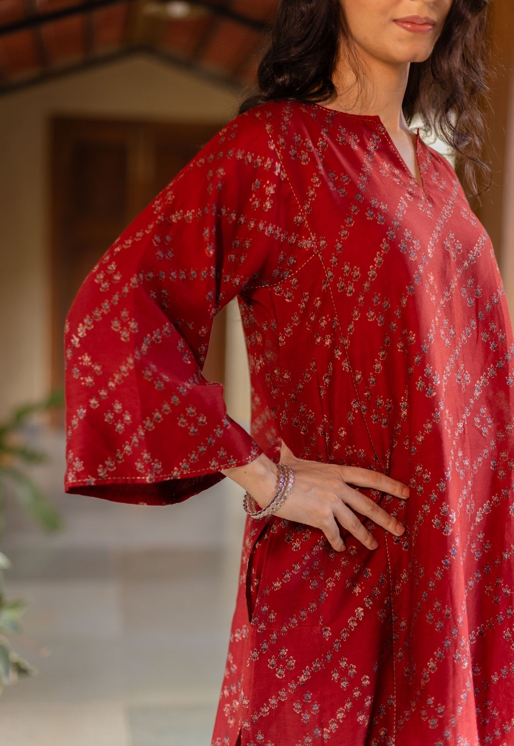 Ayra Madder Ajrakh Chanderi Silk Jhabbha Kali Kurta with Hand Embroidery