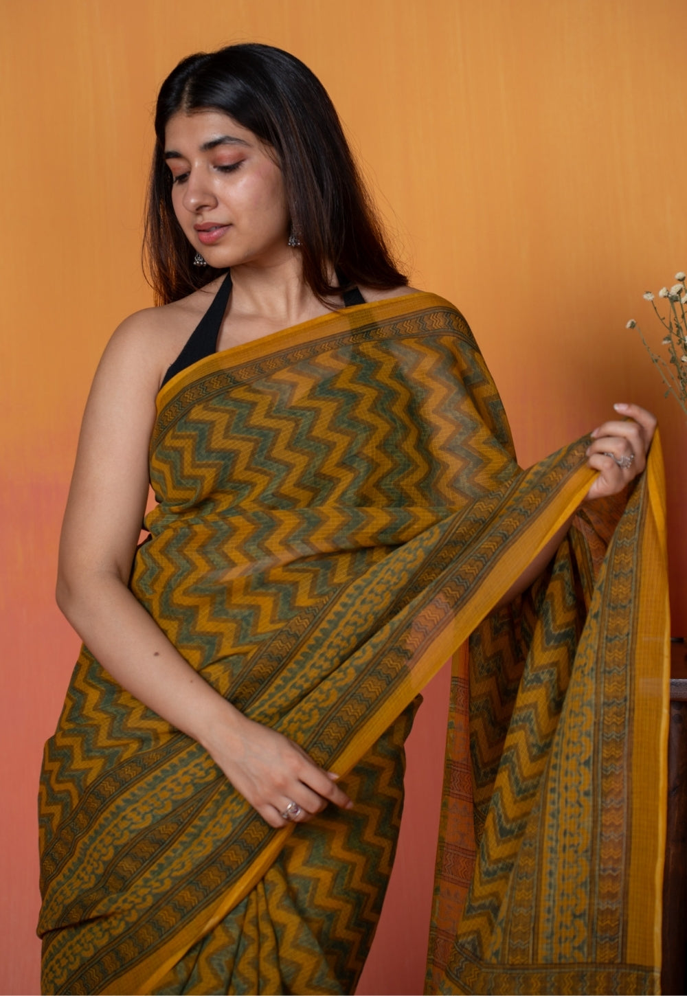Yellow Zigzag Ajrakh Hand Block Print Kota Doria Cotton Saree