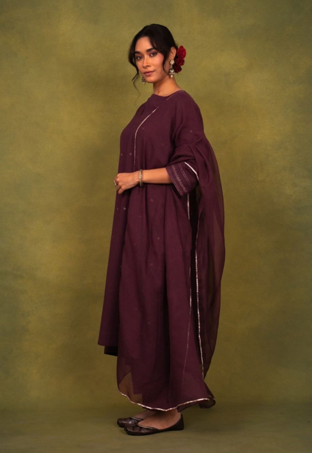 Malika Wine Rogan Handblock Printed Cotton Kali Kurta Suit Set (Set of 3)