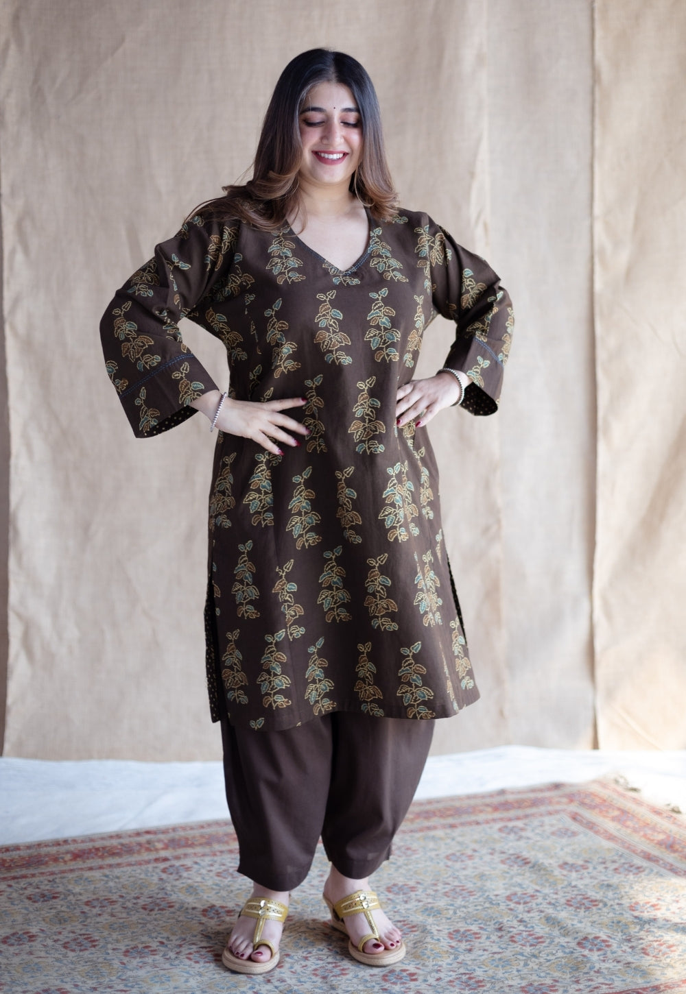Saisha Brown Ajrakh Cotton Jhabbha Kali Kurta Set (Set of 2)