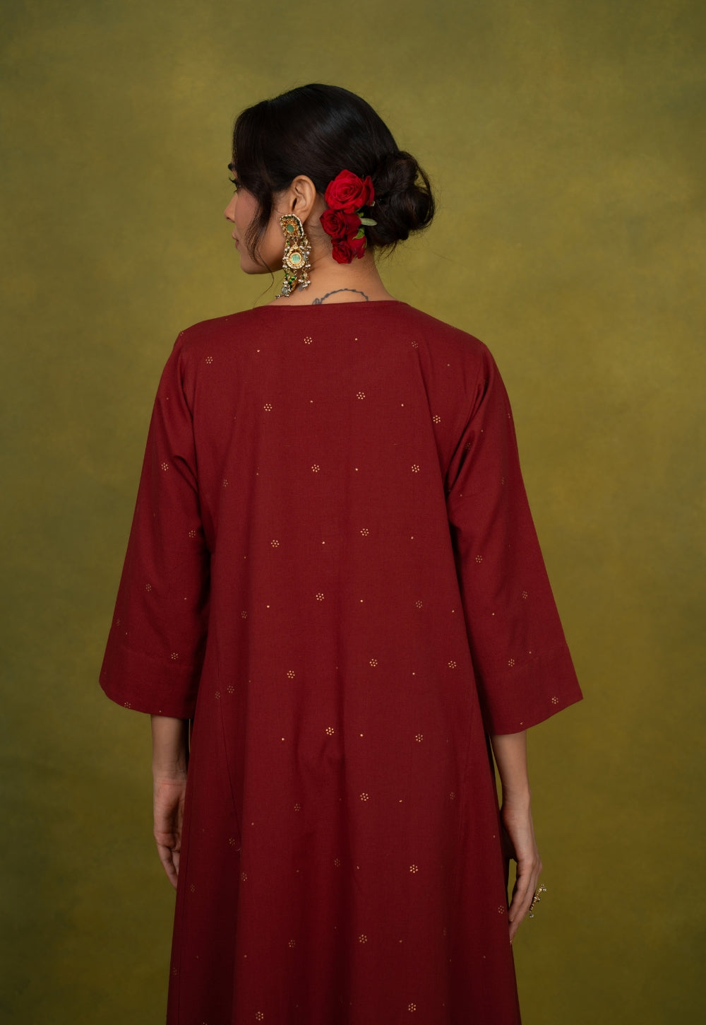 Alizah Maroon Rogan Handblock Printed Cotton Jhabbha Kali Suit Set (Set of 3)