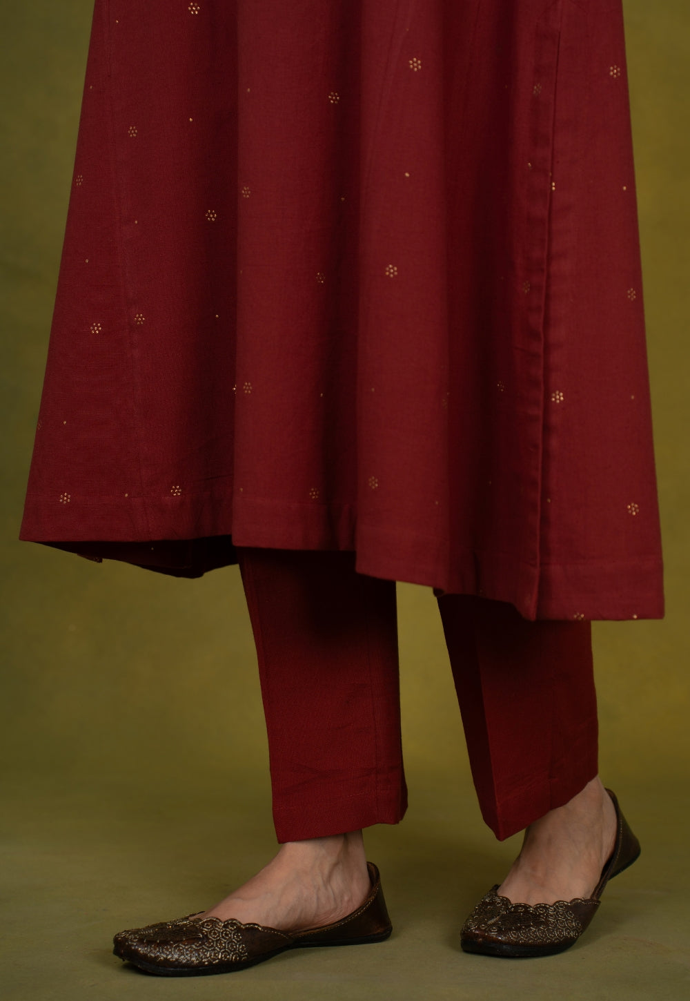 Alizah Maroon Rogan Handblock Printed Cotton Jhabbha Kali Suit Set (Set of 3)
