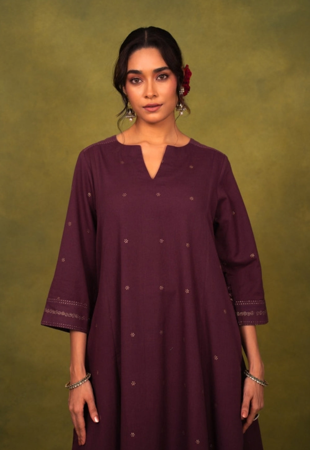 Malika Wine Rogan Handblock Printed Cotton Kali Kurta Suit Set (Set of 3)