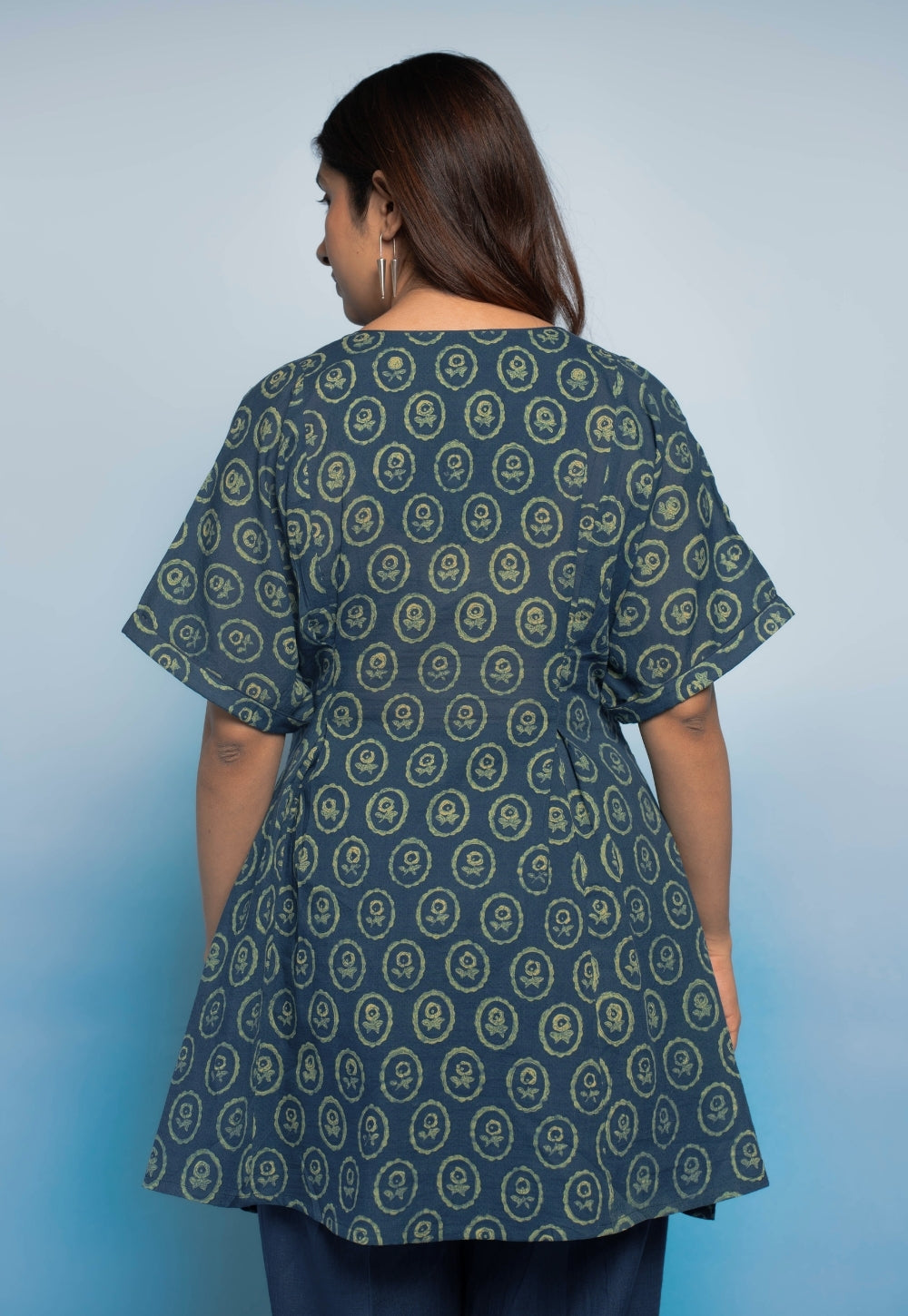 Stuti Teal Blue Dabu Mul Cotton A Line Short Top