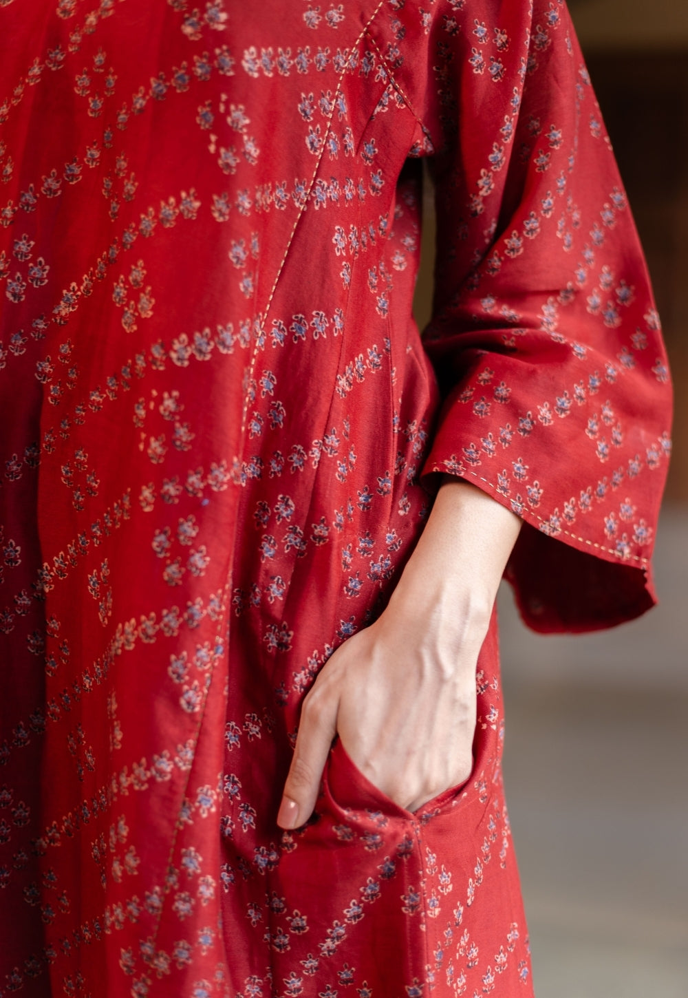 Ayra Madder Ajrakh Chanderi Silk Jhabbha Kali Kurta with Hand Embroidery