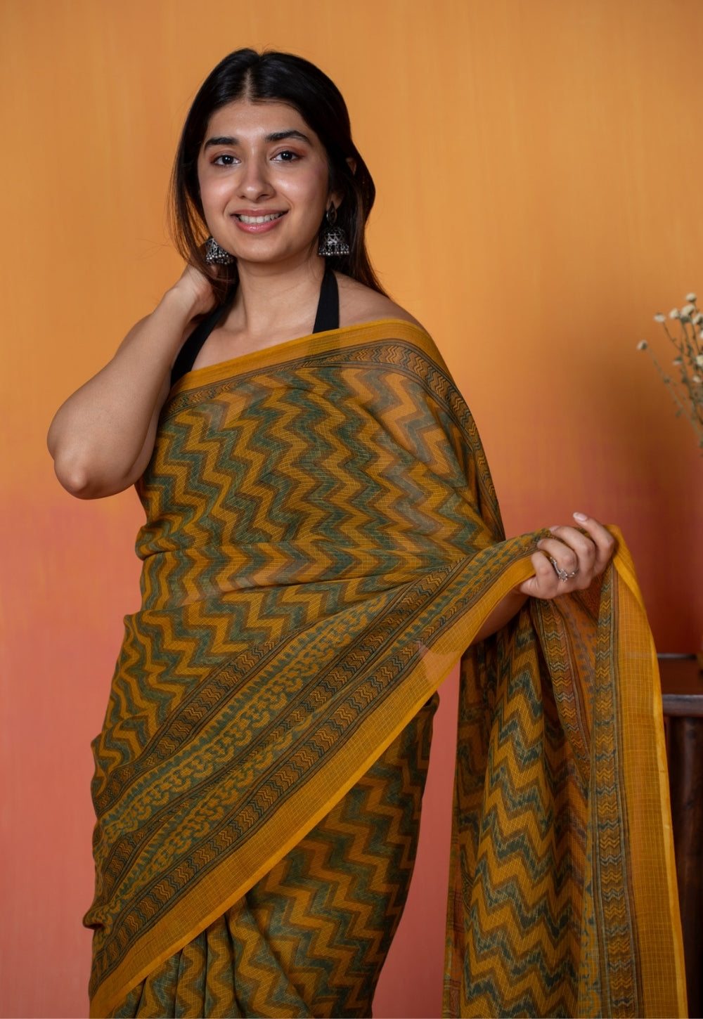 Yellow Zigzag Ajrakh Hand Block Print Kota Doria Cotton Saree