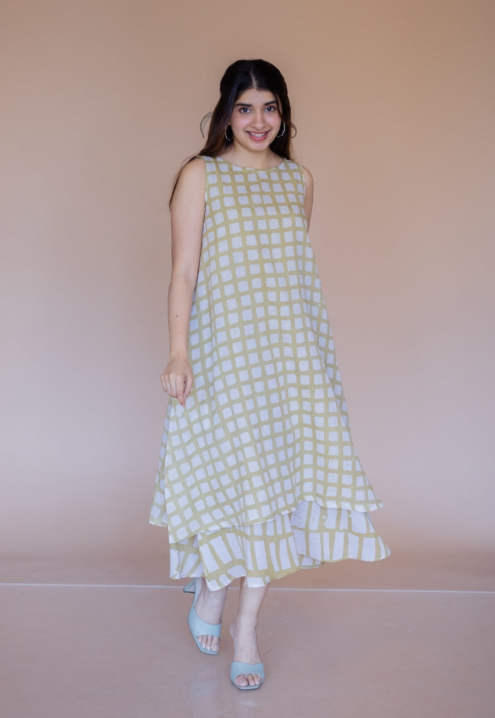 Asfia Green Batik MulMul A Line Dress with Slip S