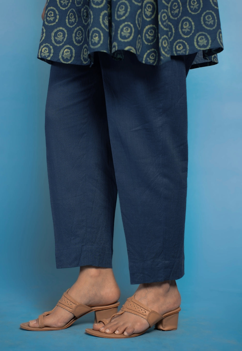 Stuti Teal Blue Dabu Mul Cotton A Line Short Top