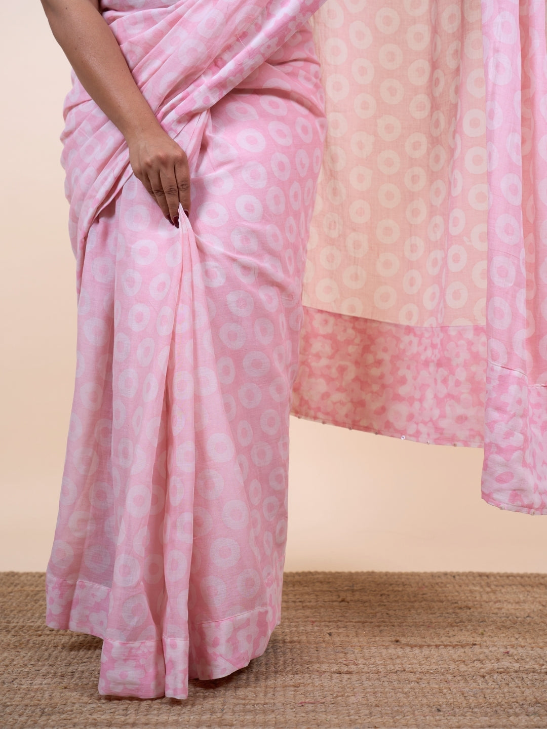Bushra Pink Batik Hand Block Print Mul Cotton Saree with Embroidery