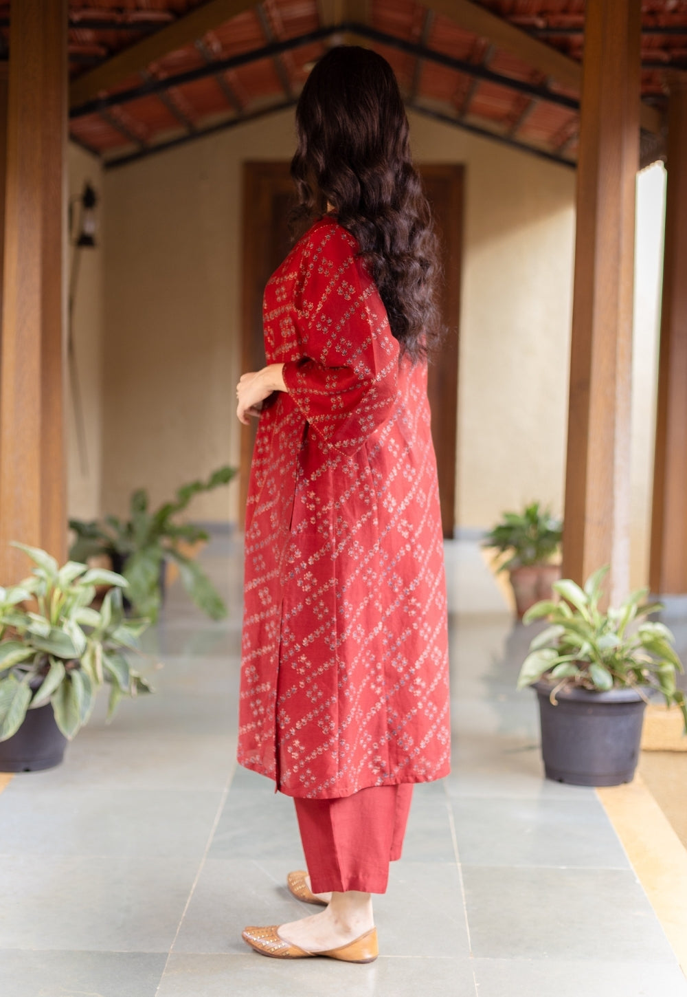 Ayra Madder Ajrakh Chanderi Silk Jhabbha Kali Kurta with Hand Embroidery