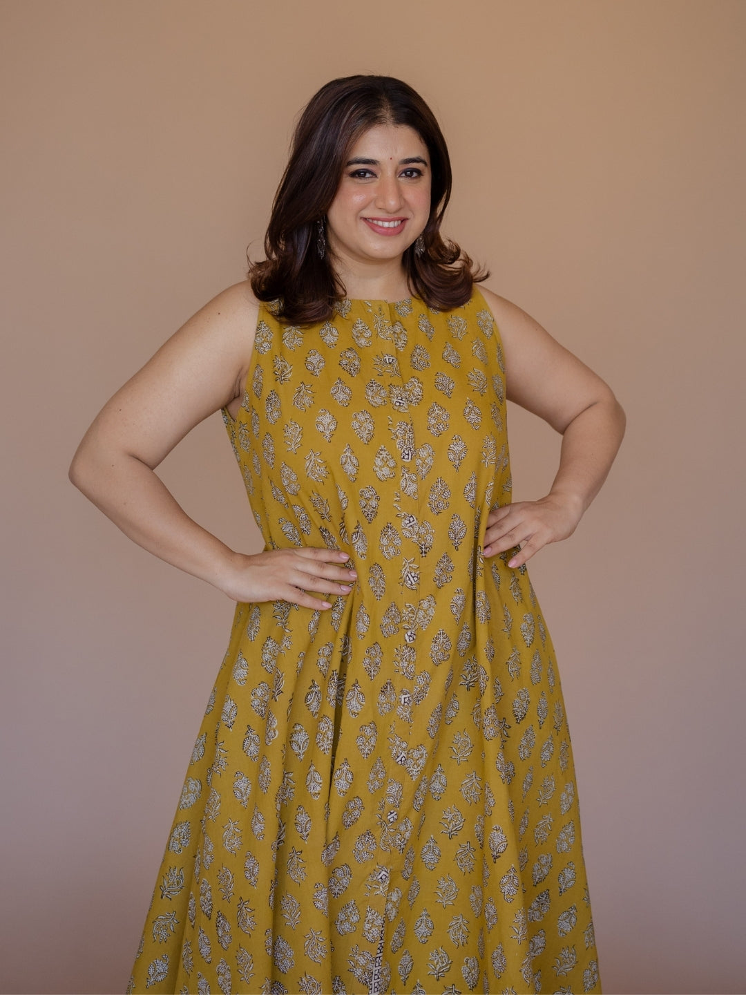 Heena Yellow Bagru Cotton A Line Kurta