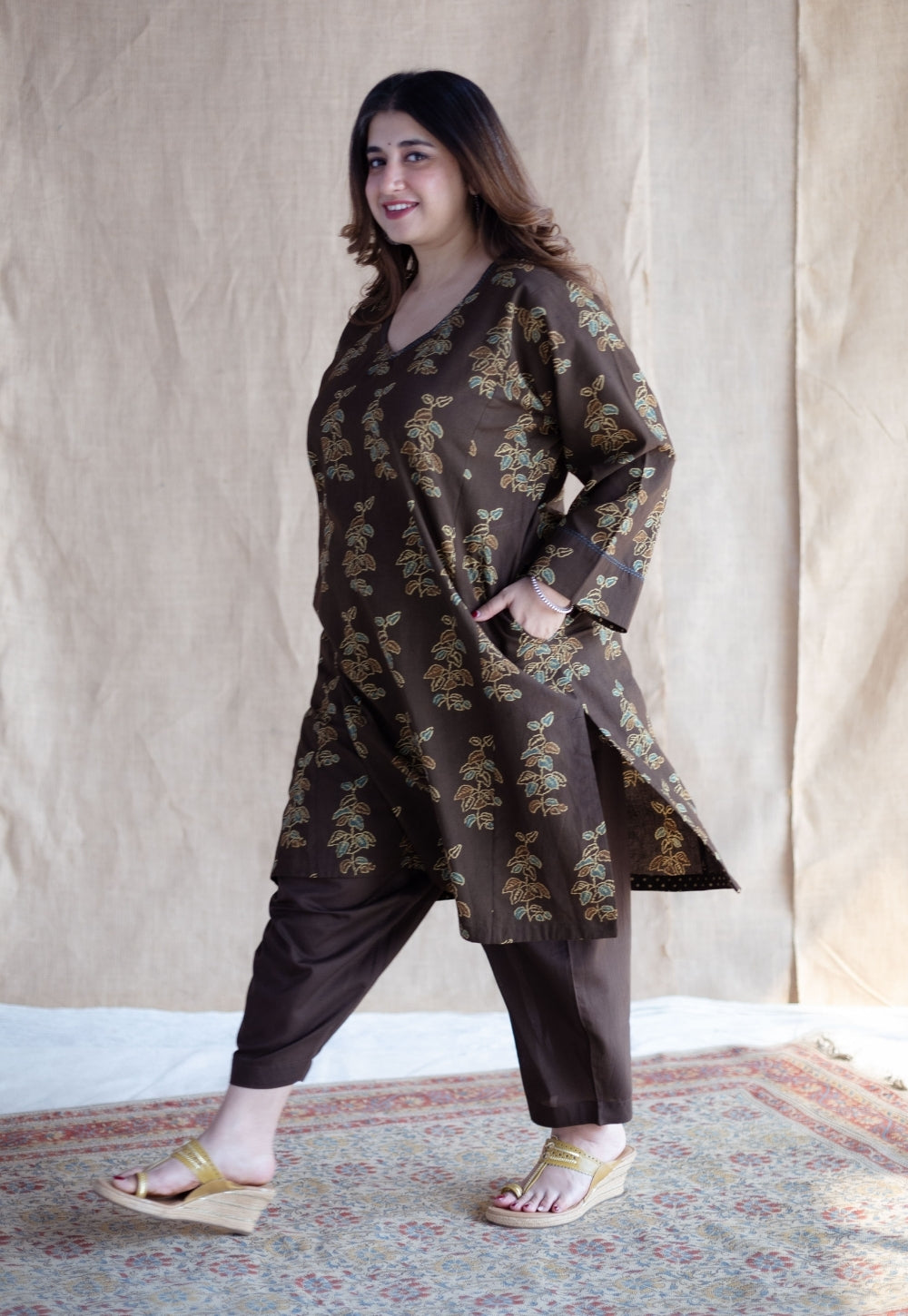 Saisha Brown Ajrakh Cotton Jhabbha Kali Kurta Set (Set of 2)