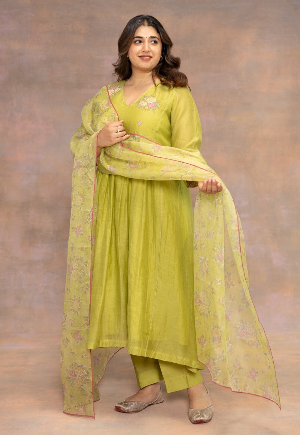 Rooz Green Solid Chanderi Silk Kali Kurta with Hand Embroidery