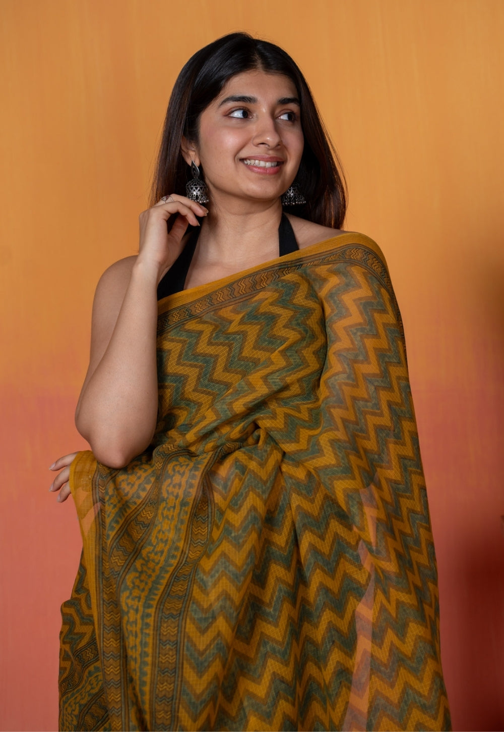Yellow Zigzag Ajrakh Hand Block Print Kota Doria Cotton Saree