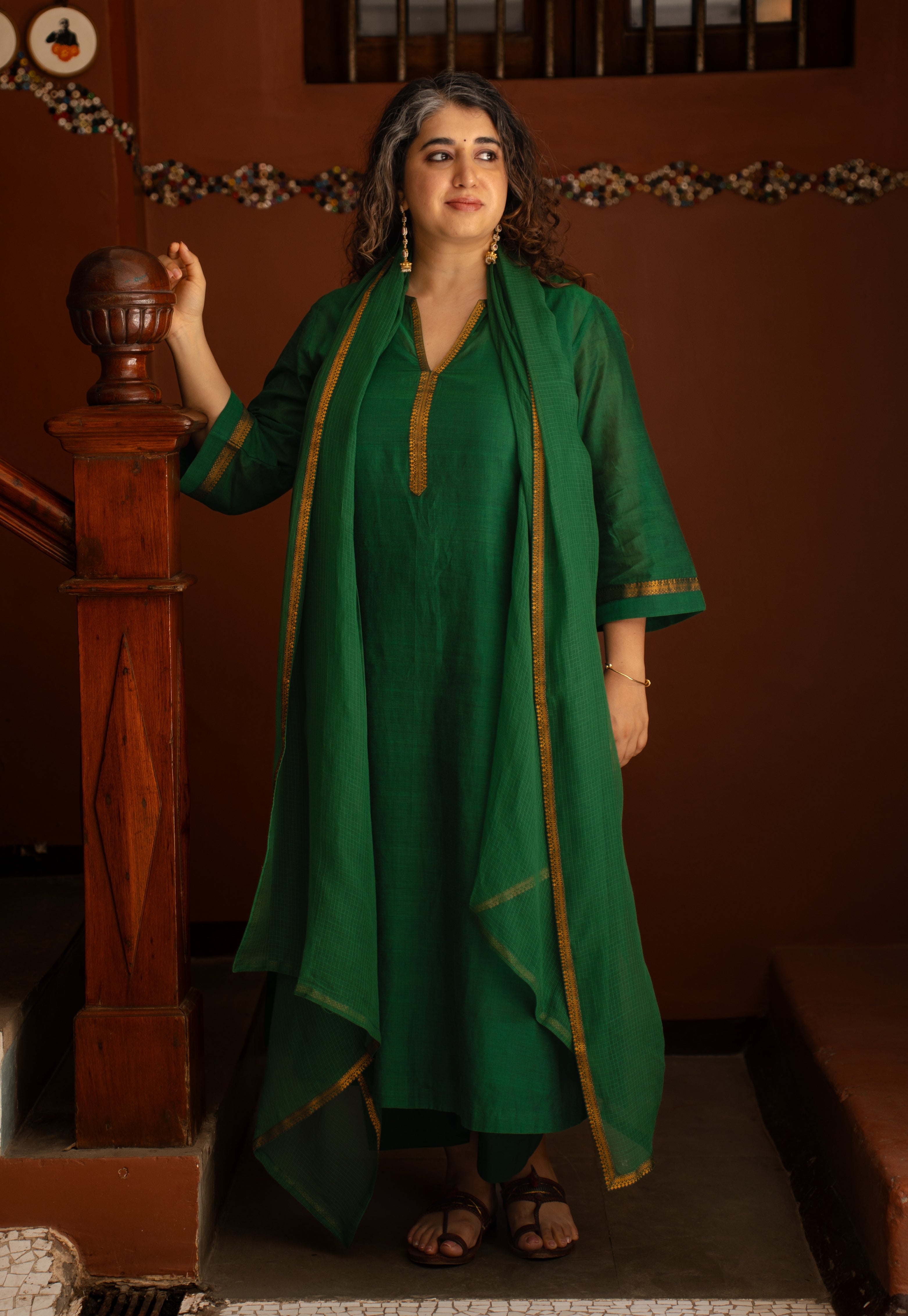 Alvira Green Mangalgiri Cotton Straight Kurta with Nizam Border