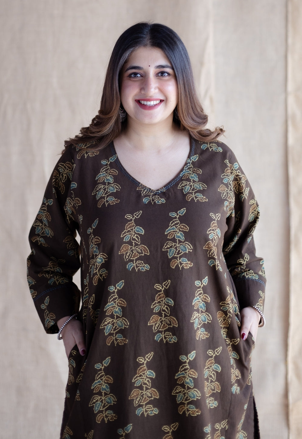 Saisha Brown Ajrakh Cotton Jhabbha Kali Kurta Set (Set of 2)