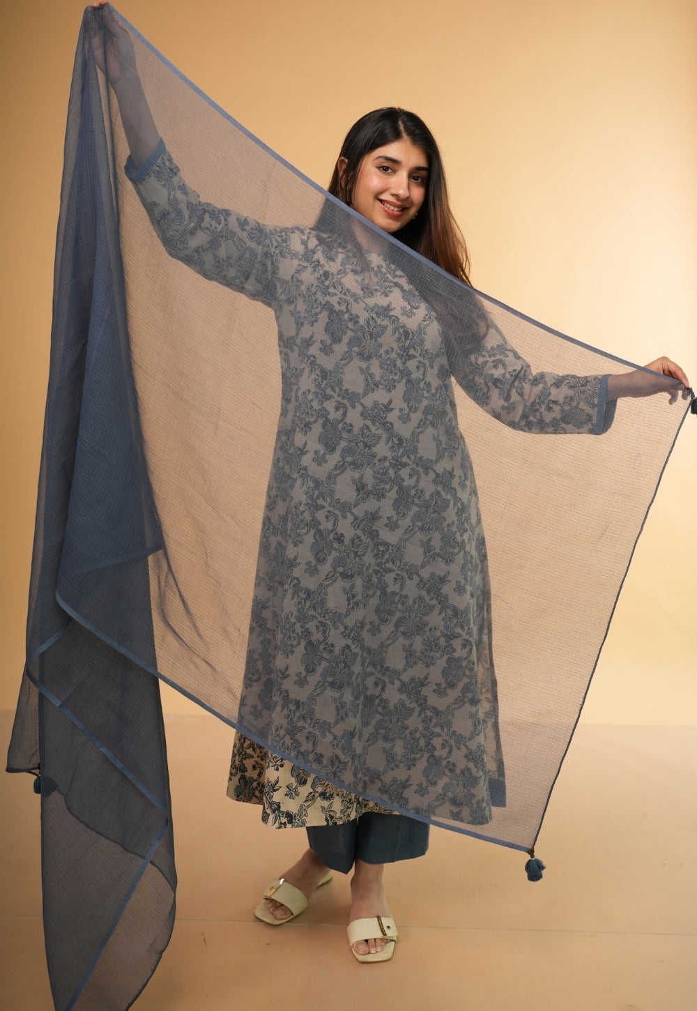 Blue Solid Kota Doria Cotton Dupatta