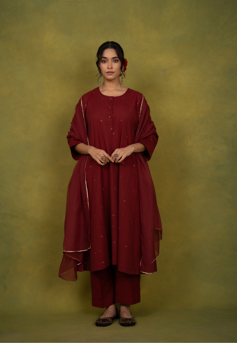 Alizah Maroon Rogan Handblock Printed Cotton Jhabbha Kali Suit Set (Set of 3)