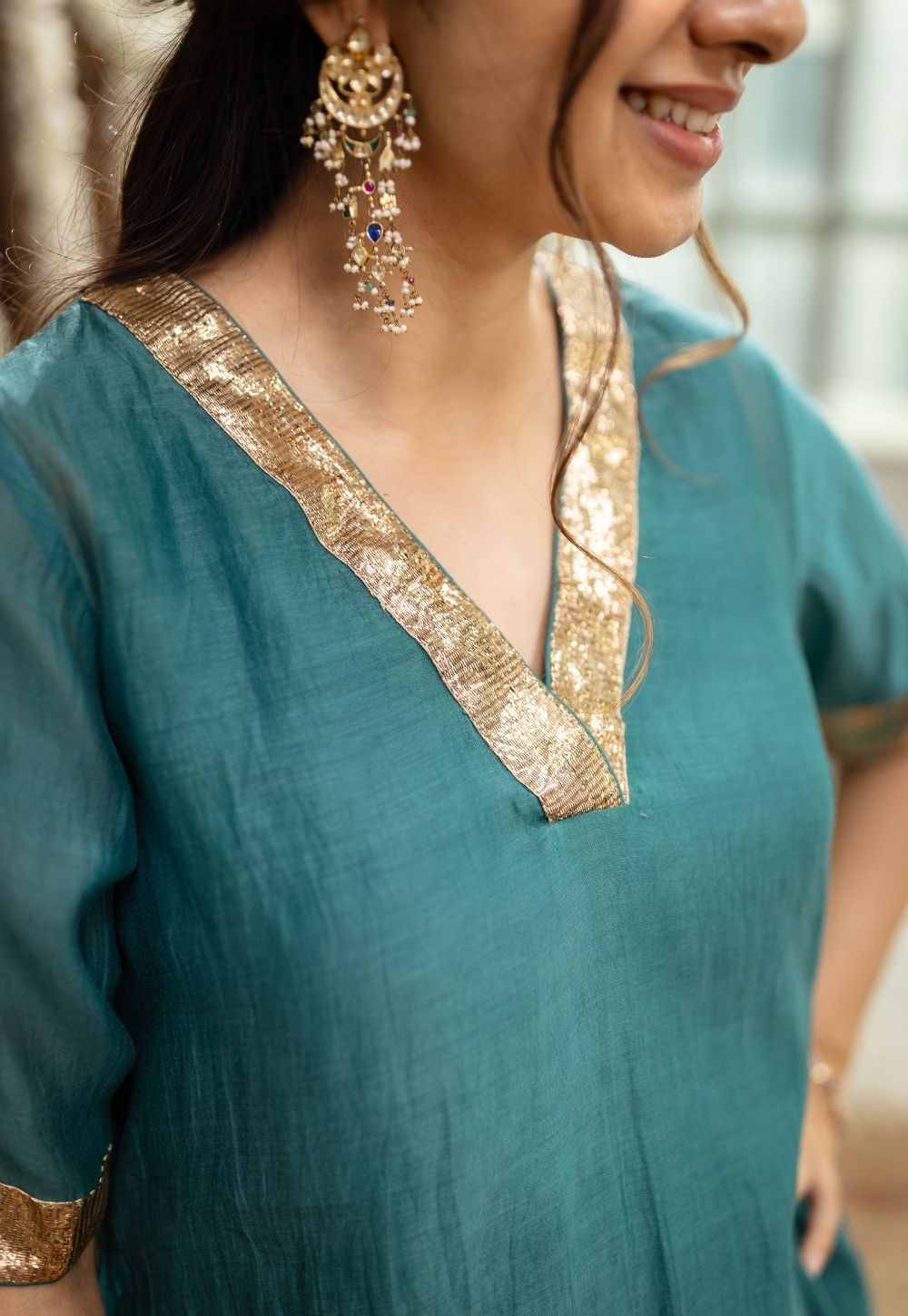 Srisha Peacock Green A Line Chanderi Silk Gota Patti Kurta Set (Set of 3)