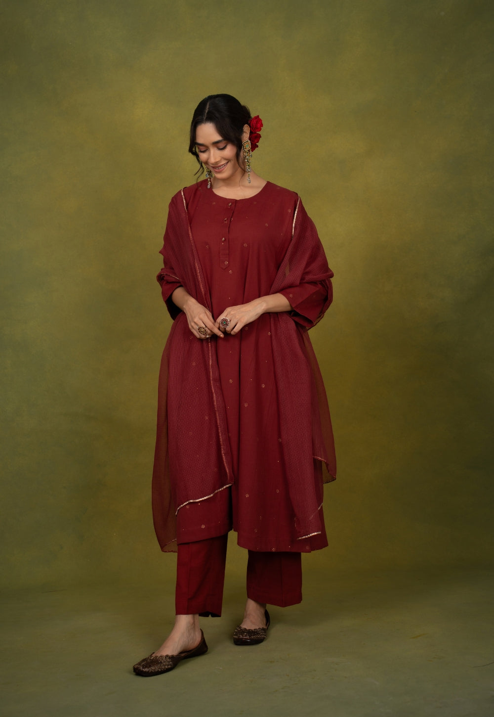 Alizah Maroon Rogan Handblock Printed Cotton Jhabbha Kali Suit Set (Set of 3)