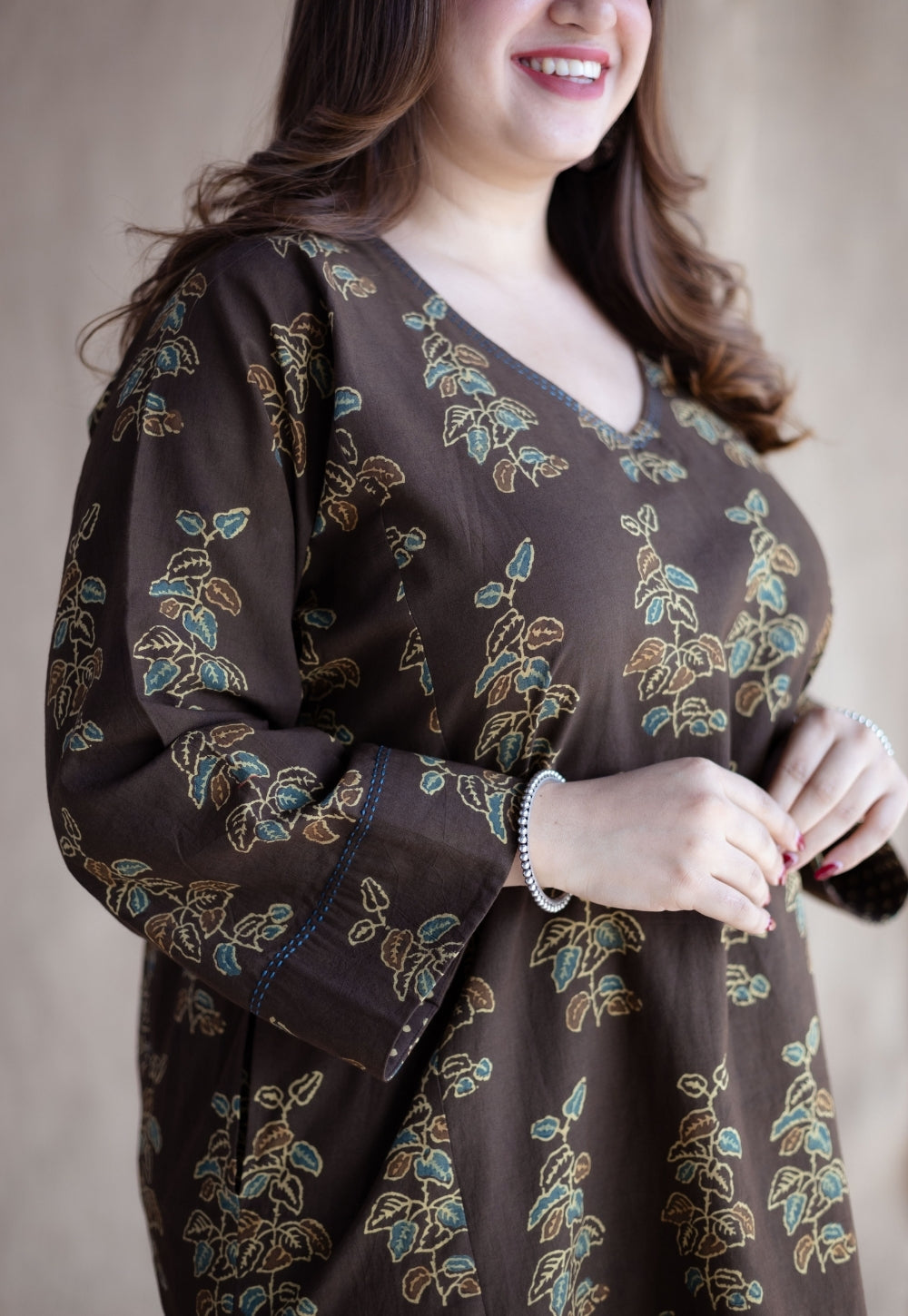 Saisha Brown Ajrakh Cotton Jhabbha Kali Kurta Set (Set of 2)